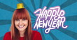 Image of happy new year text in white letters over smiling woman in party hat