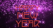Image of happy new year text over purple glowing spots on purple background