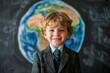 © ImageFlow - A young boy in formal attire smiling in front of a blackboard with a colorful world map, embodying the concept of global education. Generative AI