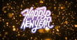 Image of happy new year text over glowing spots and black background