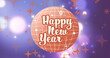 Image of happy new year text over disco ball on purple background