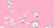 Image of network of connections with lightbulbs icons on pink background