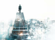 A man standing atop a staircase overlaid on a cityscape, symbolizing career growth and strategic vision. Generative AI