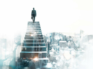 Poster - A man standing atop a staircase overlaid on a cityscape, symbolizing career growth and strategic vision. Generative AI