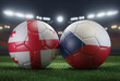 Two soccer balls in flags colors on a stadium blurred background. Group F. Georgia and Czech. 3D image.