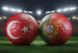 Two soccer balls in flags colors on a stadium blurred background. Group F. Turkey and Portugal. 3D image..
