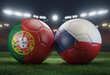 Two soccer balls in flags colors on a stadium blurred background. Group F. Portugal and Czech. 3D image.