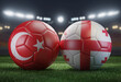 Two soccer balls in flags colors on a stadium blurred background. Group F. Turkey and Georgia. 3D image.