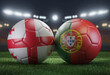 Two soccer balls in flags colors on a stadium blurred background. Group F. Georgia and Portugal. 3D image.