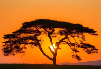 Wall Mural - A vibrant sunset with a tree silhouette in the foreground