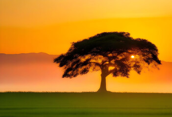 Wall Mural - A tree silhouetted against a colorful sunset sky