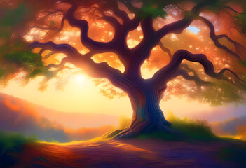 Wall Mural - A digital painting of a tree at sunrise with vibrant colors and light rays shining through the leaves