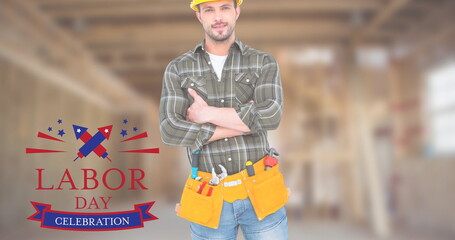 Poster - Image of labor day text over happy caucasian male worker with tools