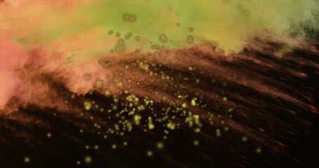 Poster - Image of light spots and smoke trails on black background