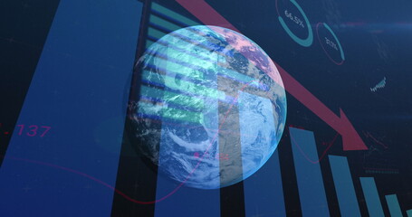 Poster - A digital globe showing weather patterns floats before a data-rich screen