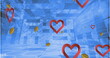 Image of balls and hearts over blue digital space