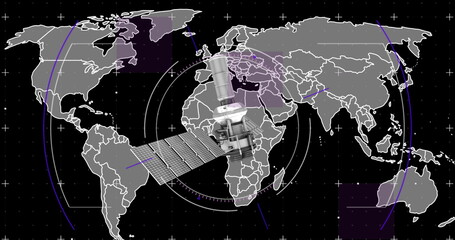 Poster - Image of satellite over world map and scope scanning on black background