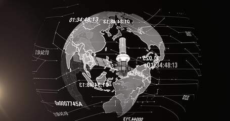 Poster - Image of satellite over globe and numbers processing on black background