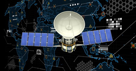 Poster - Image of satellite over globe and data processing on black background