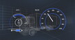 Image of 3d car model and speedometer over dark background