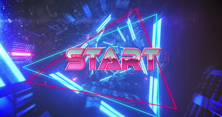 Wall Mural - Image of start text banner over neon blue tunnel in seamless pattern against black background