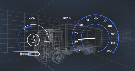 Poster - Image of 3d car model and speedometer over dark background