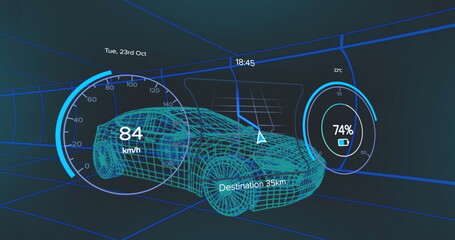 Poster - Blue holographic display showing digital car model, speed, and battery status