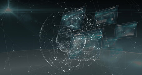 Poster - Image of data processing over globe and moving clock on black background