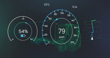 Poster - Three digital gauges are displaying various vehicle metrics