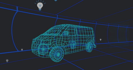 Poster - Image of falling icons over 3d car model over grid on black background