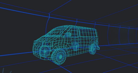 Poster - Image of falling icons over 3d car model over grid on black background