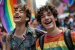 © Pnitha - Cinematic photo of two happy young men at the pride parade, with rainbow flags and colorful , one with curly hair laughing, showing diversity, in a city street, with a cheering crowd in the background