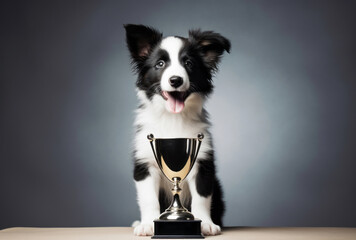 a puppy celebrates with an award trophy