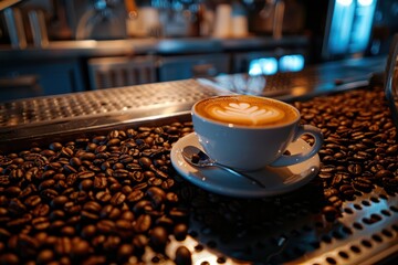 Poster - Cup of coffee with heart shaped latte art with coffee beans on table