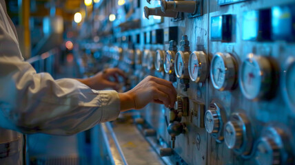 Poster - A worker in a white uniform adjusts gauges on a control panel, depicting industry and precision in a manufacturing setting