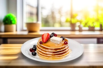 Sticker - Healthy breakfast homemade pancakes with fresh berries