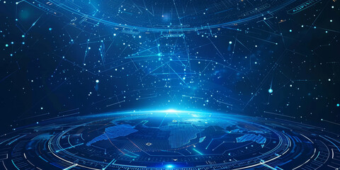 Poster - Futuristic global network technology concept - A digital representation of the globe encircled by a network of lines and dots, symbolizing global connectivity