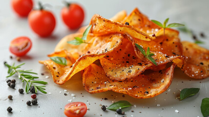 Seasoned Sweet Potato Chips with Herbs - Crispy sweet potato chips seasoned with black pepper and herbs accompanied by fresh cherry tomatoes and basil Perfect for food-related content