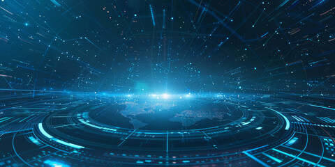 Poster - Digital world map on blue tech background - Detailed digital world map on a blue technological background with glowing light points depicting global data networks