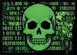 Green skull on a glitchy pixelated background with binary code. The concept of cybersecurity and malware.