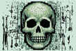 Skull on a glitchy pixelated background. The concept of cybersecurity and malware.