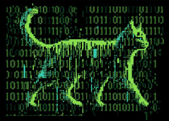 Poster - Pixel art futuristic style vector illustration of a cat silhoutte moving in and through visual noise and glitches. Concept of the virtual reality and computer simulation.