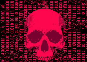 Aufkleber - Red skull on a glitchy pixelated background with binary code. The concept of cybersecurity and malware.