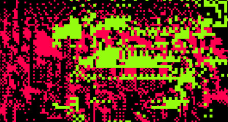 Poster - Abstract glitchy background with random pixel noise. Vector illustration in green and red colors.