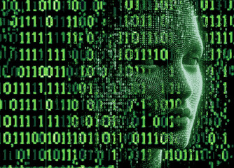 Aufkleber - Silhouette of a human head made of binary code. Conceptual image of Artificial Intelligence, Virtual Reality, Deep Learning and Face recognition systems. Cyberpunk style vector illustration.