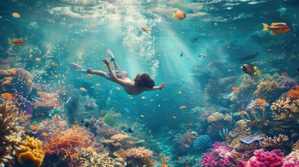 Canvas Print - Children diving in the ocean with fantasy underwater view surrounded with vibrant color from coral and fish swimming around. Attractive elementary student exploring the world under the sea. AIG42.