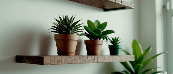 Wall Mural - Interior design details. Brown wooden raw edge floating shelves hanging on white wall. Green potted house plants standing on shelfs