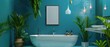 A bathroom with a large white bathtub and a green wall