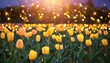 Glowing Magic: Ethereal Fireflies Dance Amidst Vibrant Tulips, Illuminating a Serene Field with Enchanting Beauty and Natural Wonder
