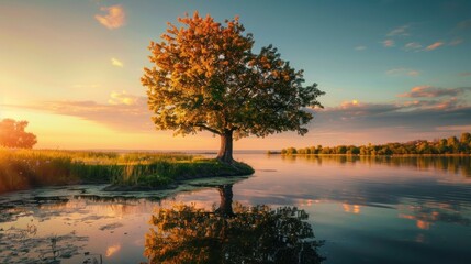 Wall Mural - Tree near lake during sunset. Beautiful natural landscape